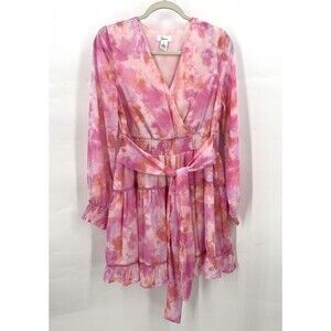 Japna Dress Women L Pink Watercolor Tiered Ruffle Mini Smocked Waist Coquette